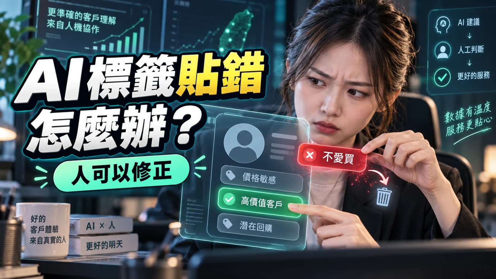客服人員檢查 AI 顧客標籤並移除錯誤判斷的示意圖