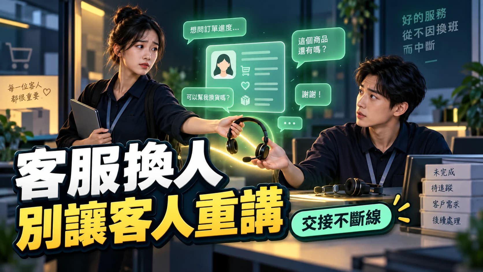 客服人員交接時把客人需求與對話脈絡一起交給下一位同事的示意圖