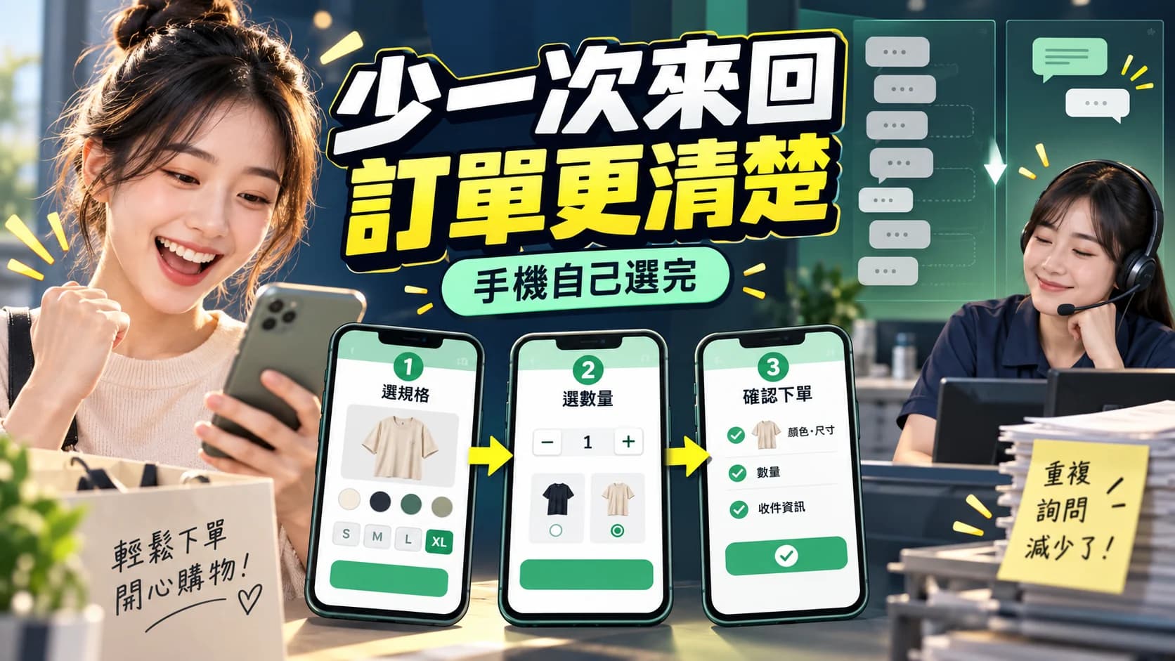 客人在手機上自行選完商品規格數量並確認送出訂單的示意圖