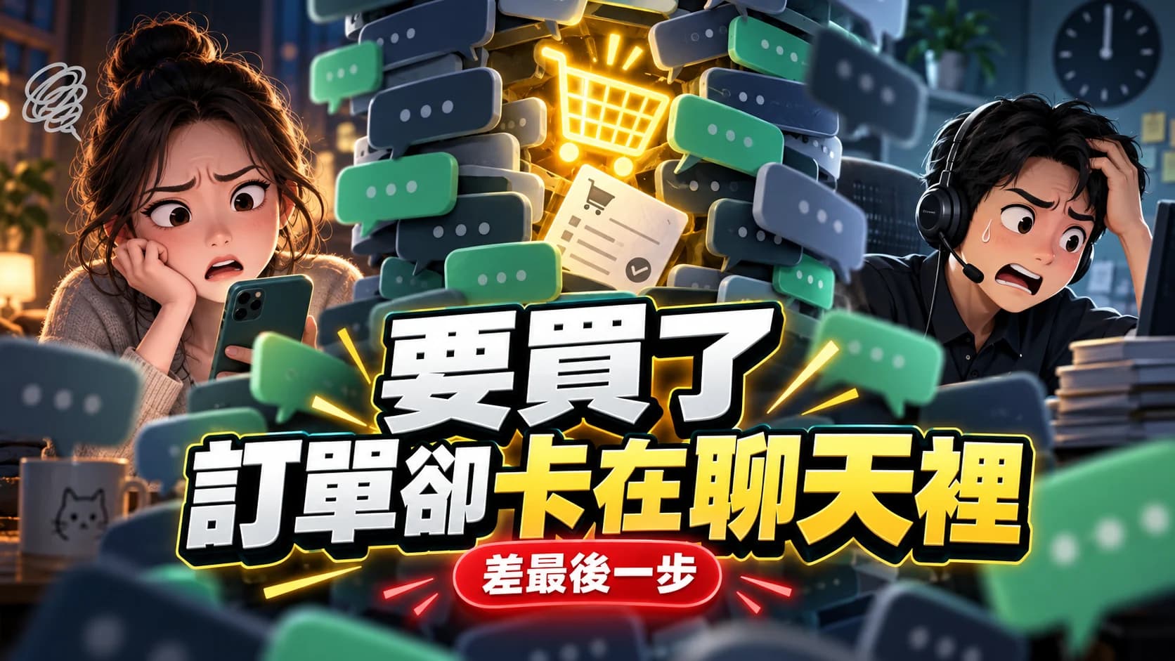 購買需求被大量聊天訊息卡住而尚未形成清楚訂單的示意圖