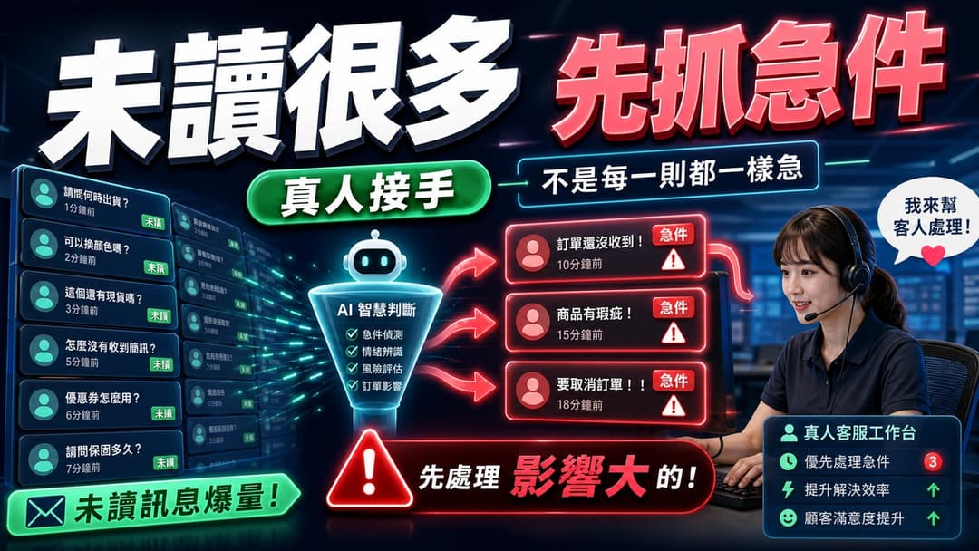 客服收件匣中將緊急訊息優先分流給真人的示意圖