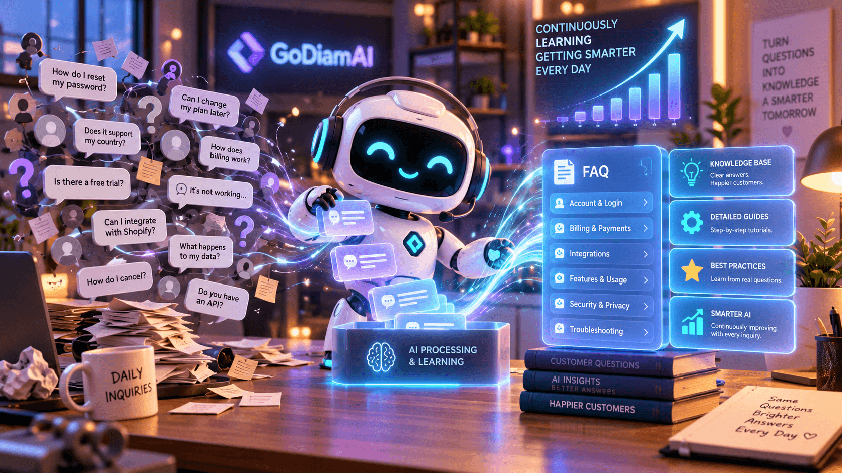 顧店 AI 從日常顧客提問中持續萃取 FAQ，自動轉化為結構化知識庫的示意概念（模擬情境／示意資料）