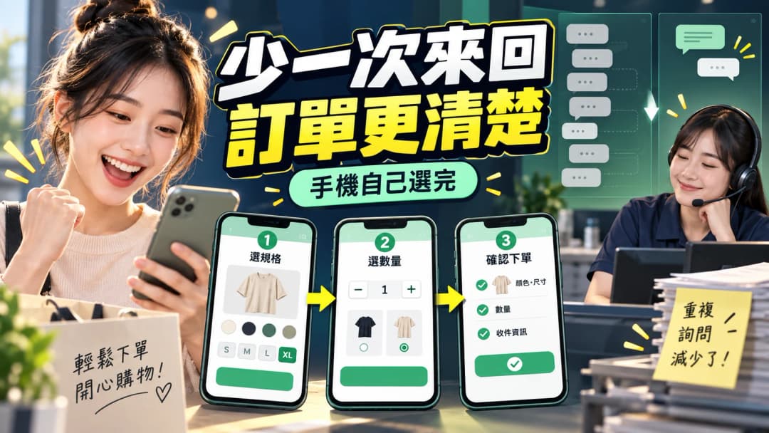 客人在手機上自行選完商品規格數量並確認送出訂單的示意圖