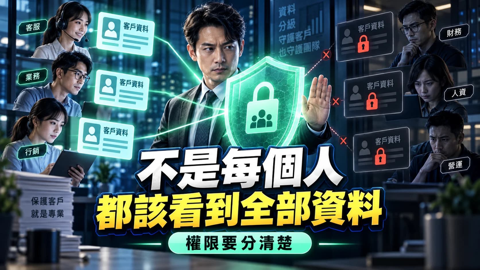 管理者依不同工作角色分配顧客資料存取權限的示意圖