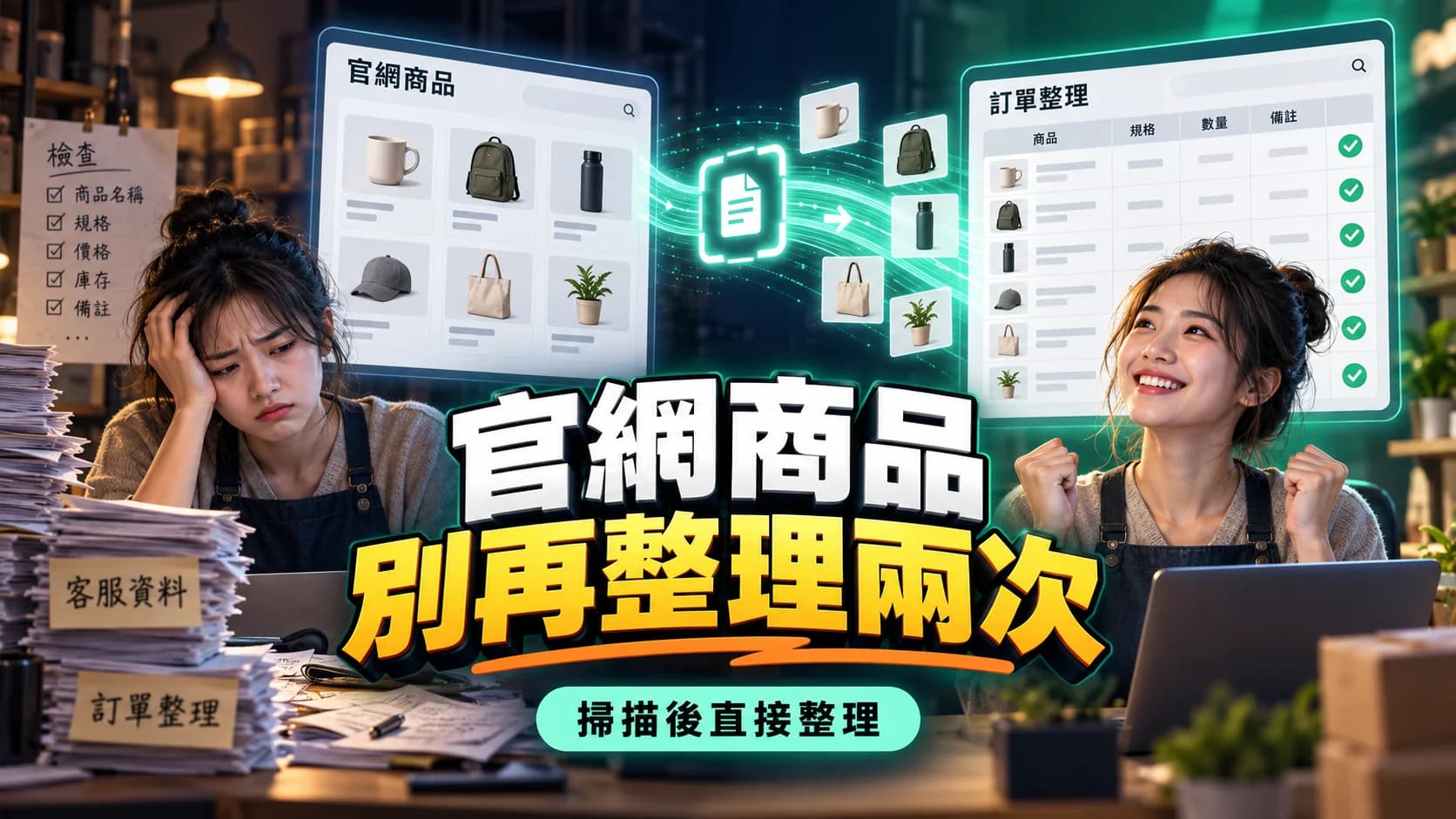 官網商品經過掃描整理後轉成客服知識與接單目錄的示意圖