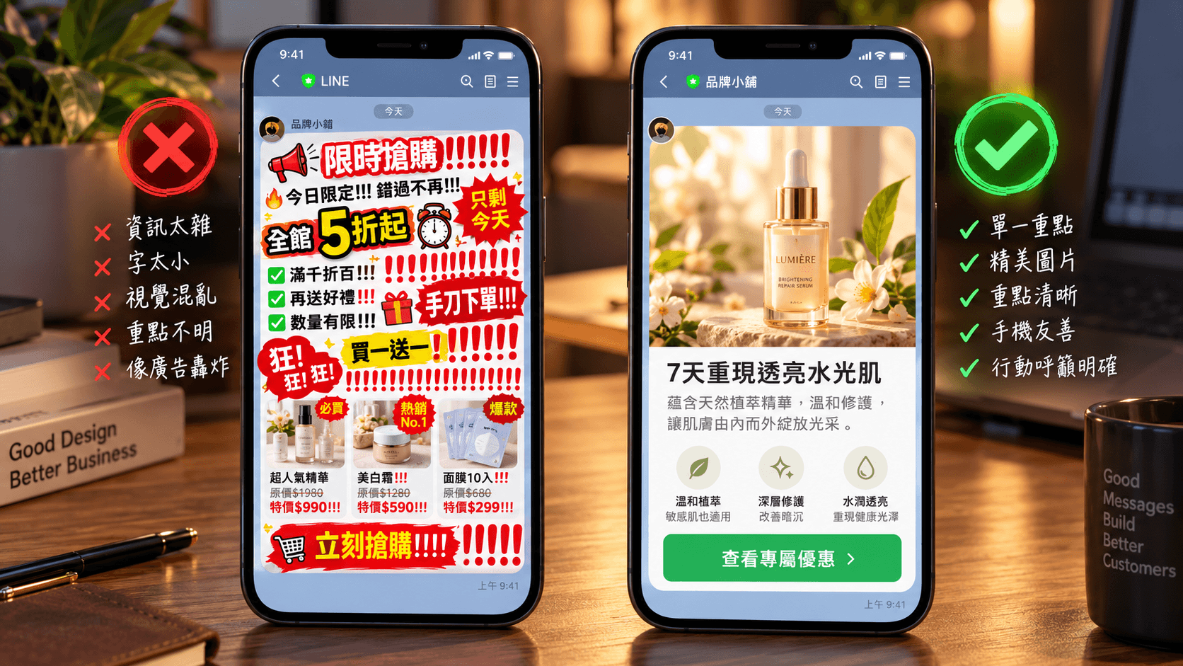 差勁排版廣告轟炸 vs 乾淨留白手機卡片排版對比圖(示意情境/模擬資料)