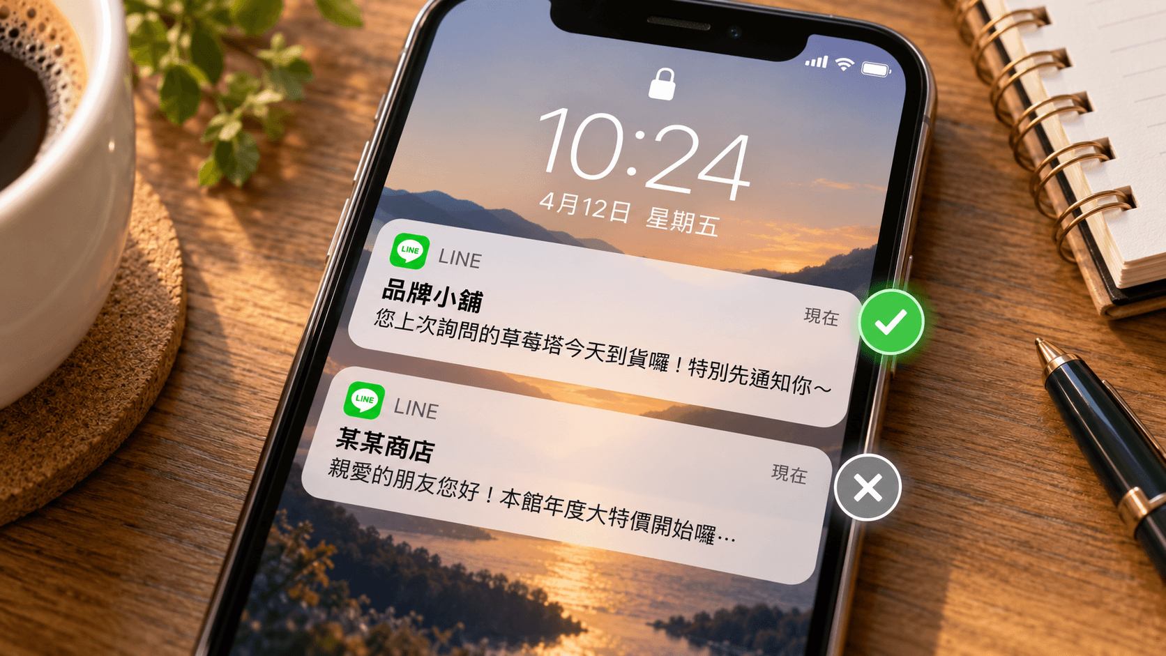 手機鎖定螢幕推播通知的前 20 字閱讀對比(示意情境/模擬資料)